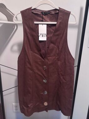 NWT ZARA Brown Faux Leather Pinafore Dress